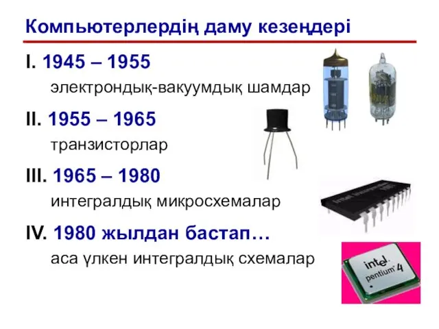I. 1945 – 1955 электрондық-вакуумдық шамдар II. 1955 – 1965