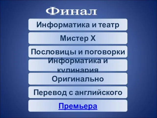 Финал Информатика и театр Мистер Х Пословицы и поговорки Информатика и кулинария Оригинально Перевод с английского