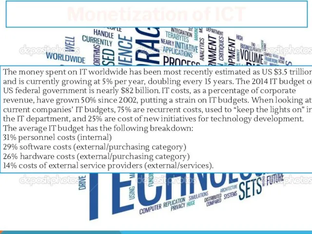 Monetization of ICT The money spent on IT worldwide has