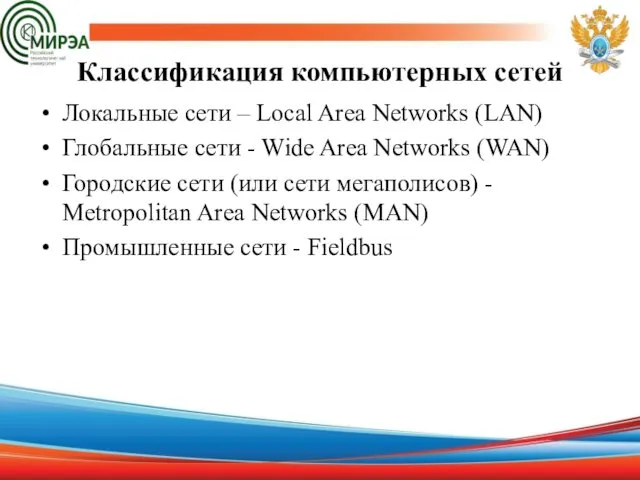 Классификация компьютерных сетей Локальные сети – Local Area Networks (LAN)