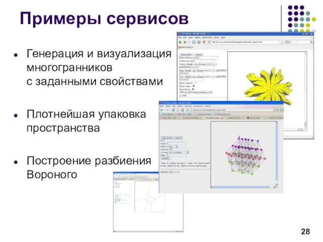 Примеры сервисов Генерация и визуализация многогранников с заданными свойствами Плотнейшая упаковка пространства Построение разбиения Вороного