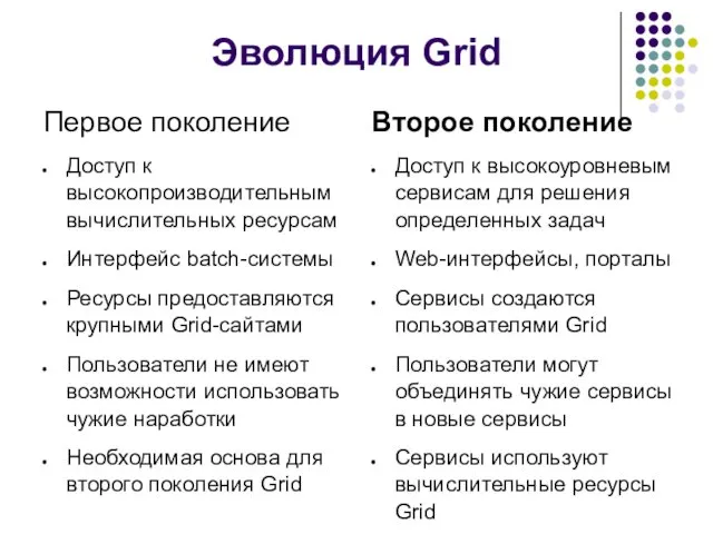 Эволюция Grid Первое поколение Доступ к высокопроизводительным вычислительных ресурсам Интерфейс