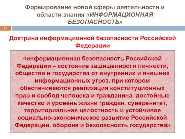 Формирование новой сферы деятельности и области знания «ИНФОРМАЦИОННАЯ БЕЗОПАСНОСТЬ» «информационная