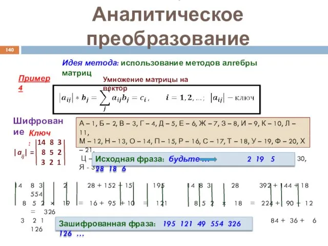 Аналитическое преобразование Идея метода: использование методов алгебры матриц Пример 4