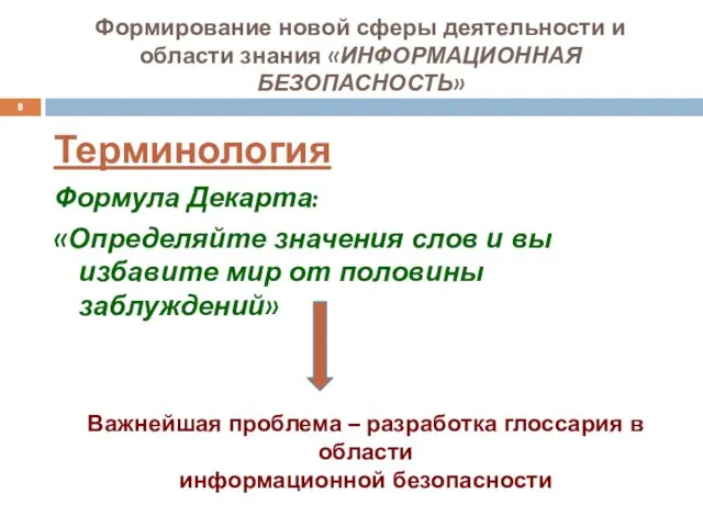 Формирование новой сферы деятельности и области знания «ИНФОРМАЦИОННАЯ БЕЗОПАСНОСТЬ» Терминология