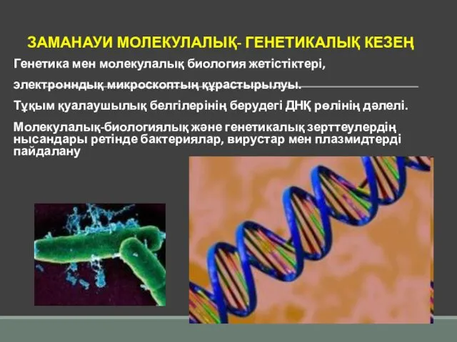 ЗАМАНАУИ МОЛЕКУЛАЛЫҚ- ГЕНЕТИКАЛЫҚ КЕЗЕҢ Генетика мен молекулалық биология жетістіктері, электронндық микроскоптың құрастырылуы. Тұқым