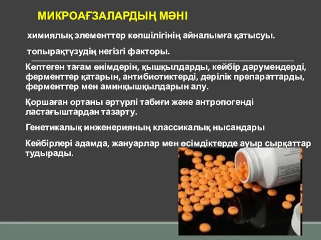 МИКРОАҒЗАЛАРДЫҢ МӘНІ химиялық элементтер көпшілігінің айналымға қатысуы. топырақтүзудің негізгі факторы. Көптеген тағам өнімдерін,