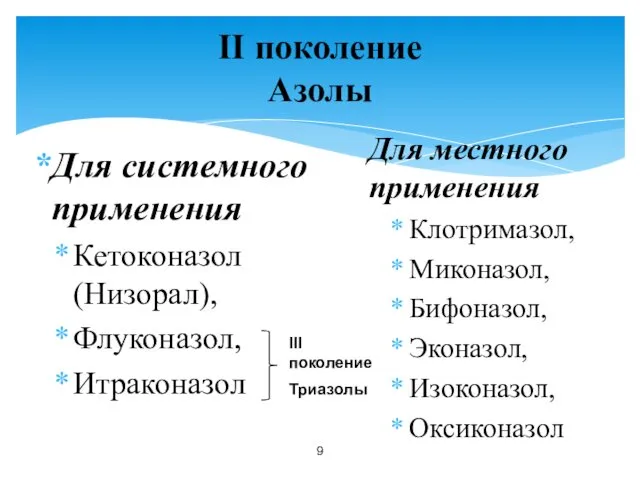 II поколение Азолы Для системного применения Кетоконазол (Низорал), Флуконазол, Итраконазол Для местного применения