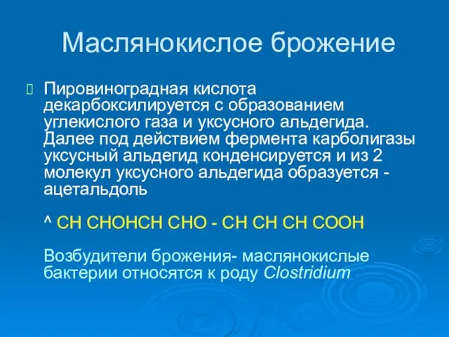 Маслянокислое брожение Пировиноградная кислота декарбоксилируется с образованием углекислого газа и