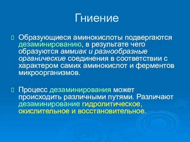 Гниение Образующиеся аминокислоты подвергаются дезаминированию, в резуль­тате чего образуются аммиак