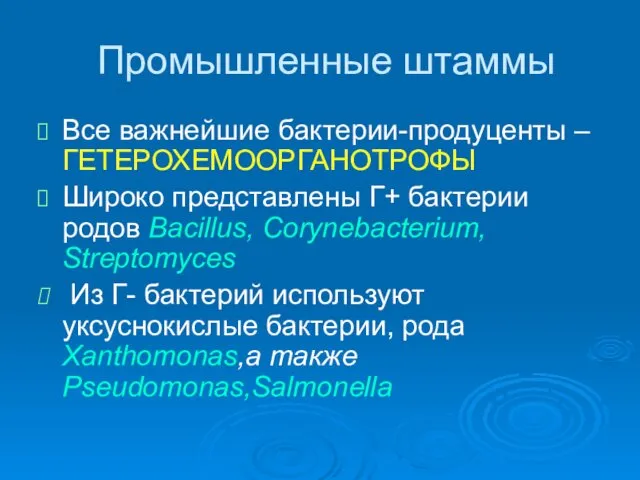 Промышленные штаммы Все важнейшие бактерии-продуценты – ГЕТЕРОХЕМООРГАНОТРОФЫ Широко представлены Г+