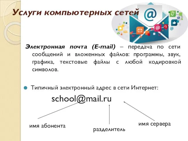 Услуги компьютерных сетей Типичный электронный адрес в сети Интернет: school@mail.ru