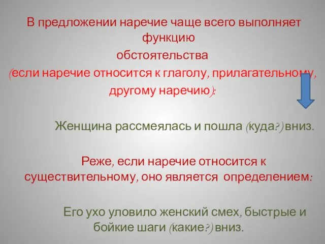 В предложении наречие чаще всего выполняет функцию обстоятельства (если наречие