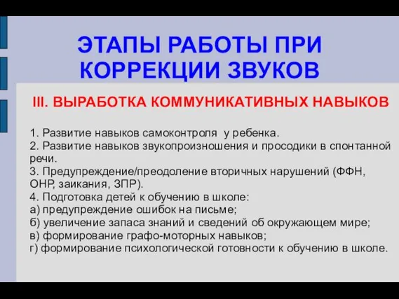 ЭТАПЫ РАБОТЫ ПРИ КОРРЕКЦИИ ЗВУКОВ III. ВЫРАБОТКА КОММУНИКАТИВНЫХ НАВЫКОВ 1.