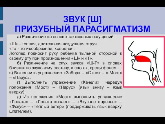 ЗВУК [Ш] ПРИЗУБНЫЙ ПАРАСИГМАТИЗМ а) Различение на основе тактильных ощущений: