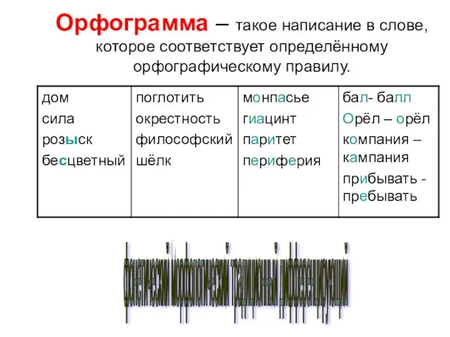 Орфограмма – такое написание в слове, которое соответствует определённому орфографическому правилу. фонетический морфологический традиционный дифференцирующий