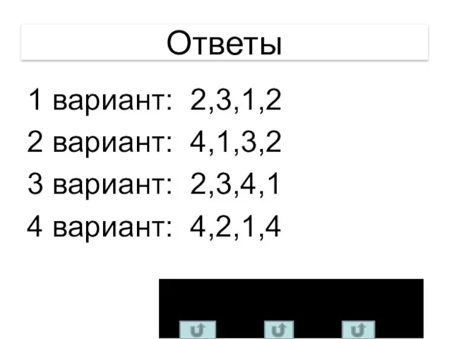 Ответы 1 вариант: 2,3,1,2 2 вариант: 4,1,3,2 3 вариант: 2,3,4,1