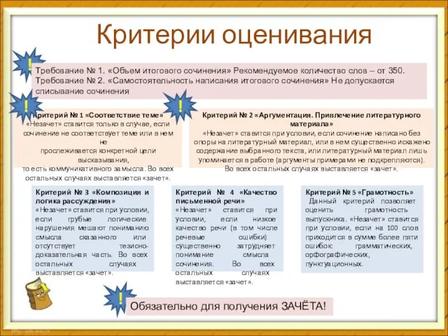 ! Критерии оценивания Требование № 1. «Объем итогового сочинения» Рекомендуемое