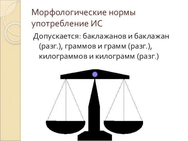 Морфологические нормы употребление ИС Допускается: баклажанов и баклажан (разг.), граммов и грамм (разг.),