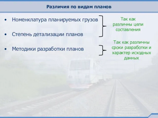 Различия по видам планов Номенклатура планируемых грузов Степень детализации планов