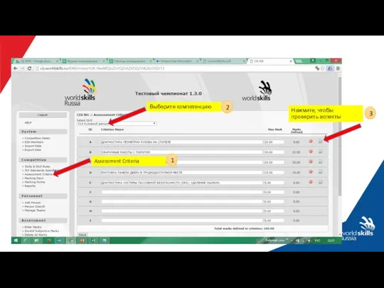 Нажмите, чтобы проверить аспекты Assessment Criteria Выберите компетенцию 1 2 3