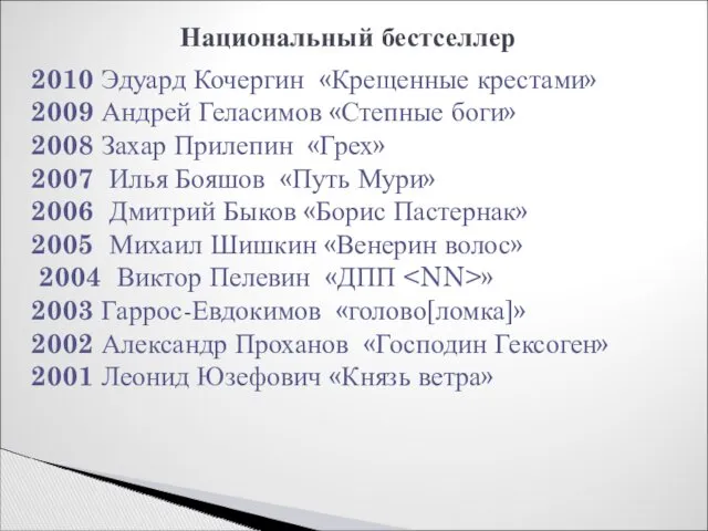 Национальный бестселлер 2010 Эдуард Кочергин «Крещенные крестами» 2009 Андрей Геласимов