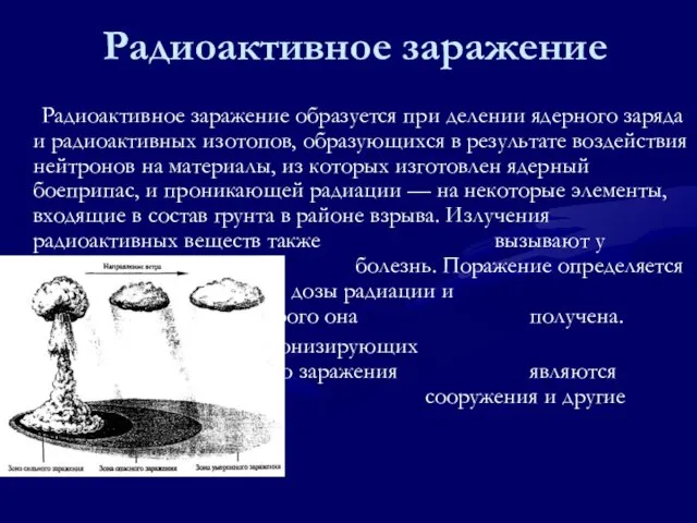 Радиоактивное заражение Радиоактивное заражение образуется при делении ядерного заряда и