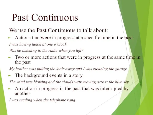 Past Continuous We use the Past Continuous to talk about: