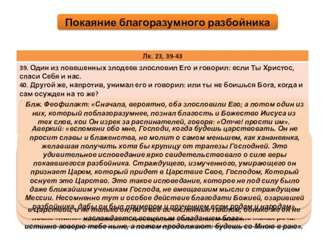 Блж. Феофилакт: «Сначала, вероятно, оба злословили Его; а потом один из них, который