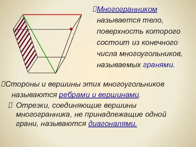 Отрезки, соединяющие вершины многогранника, не принадлежащие одной грани, называются диагоналями.