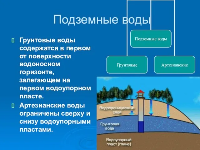 Подземные воды Грунтовые воды содержатся в первом от поверхности водоносном