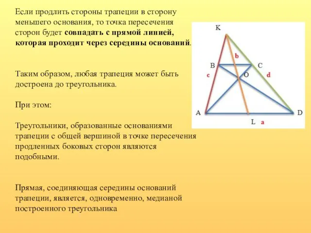 Если продлить стороны трапеции в сторону меньшего основания, то точка