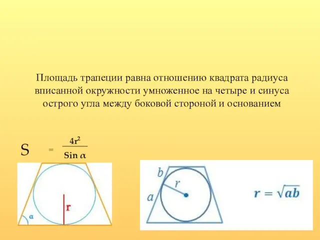 Площадь трапеции равна отношению квадрата радиуса вписанной окружности умноженное на