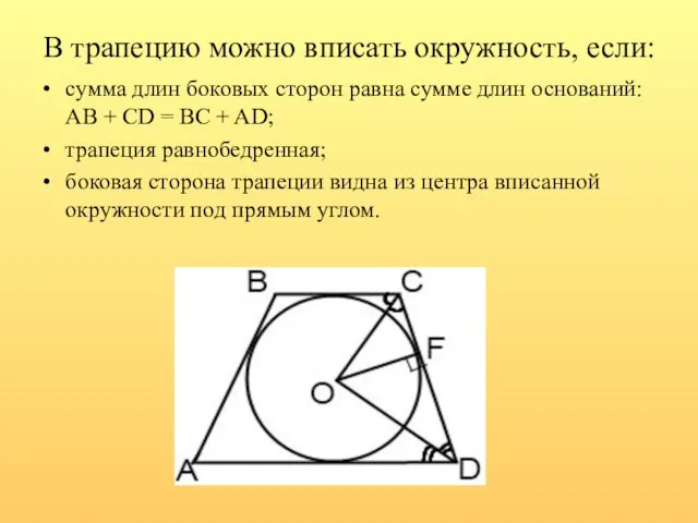 В трапецию можно вписать окружность, если: сумма длин боковых сторон