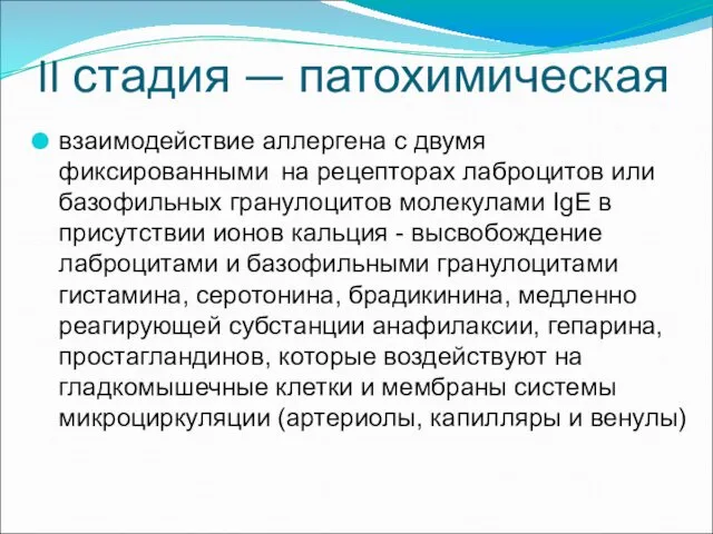 II стадия — патохимическая взаимодействие аллергена с двумя фиксированными на рецепторах лаброцитов или