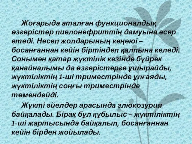 Жоғарыда аталған функционалдық өзгерістер пиелонефриттің дамуына әсер етеді. Несеп жолдарының