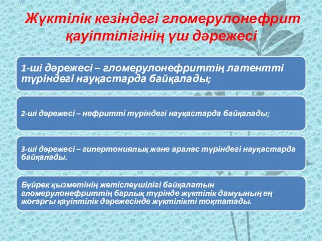 Жүктілік кезіндегі гломерулонефрит қауіптілігінің үш дәрежесі 1-ші дәрежесі – гломерулонефриттің