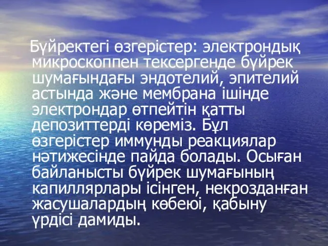 Бүйректегі өзгерістер: электрондық микроскоппен тексергенде бүйрек шумағындағы эндотелий, эпителий астында