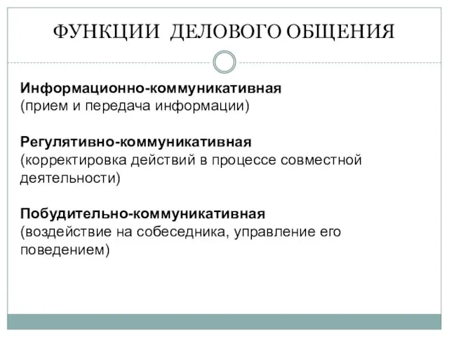 ФУНКЦИИ ДЕЛОВОГО ОБЩЕНИЯ Информационно-коммуникативная (прием и передача информации) Регулятивно-коммуникативная (корректировка