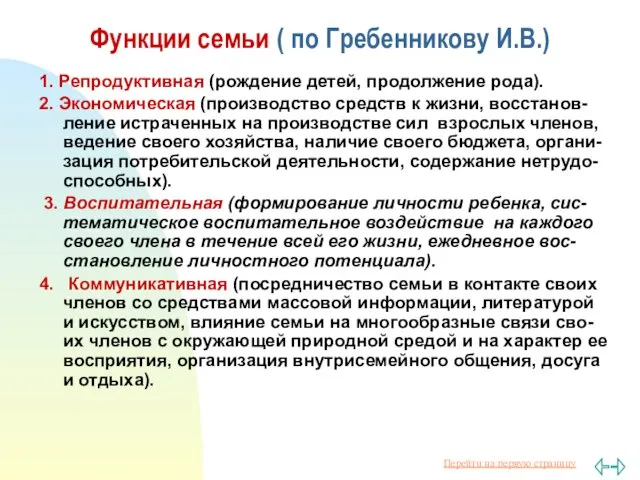 Функции семьи ( по Гребенникову И.В.) 1. Репродуктивная (рождение детей,