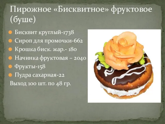 Бисквит круглый-1738 Сироп для промочки-662 Крошка биск. жар.- 180 Начинка