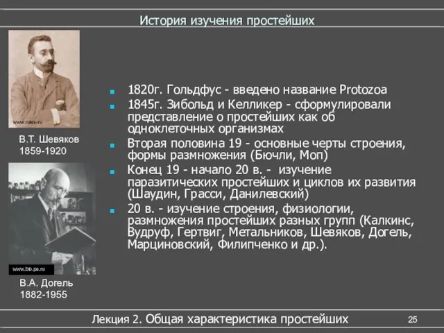 История изучения простейших 1820г. Гольдфус - введено название Protozoa 1845г.