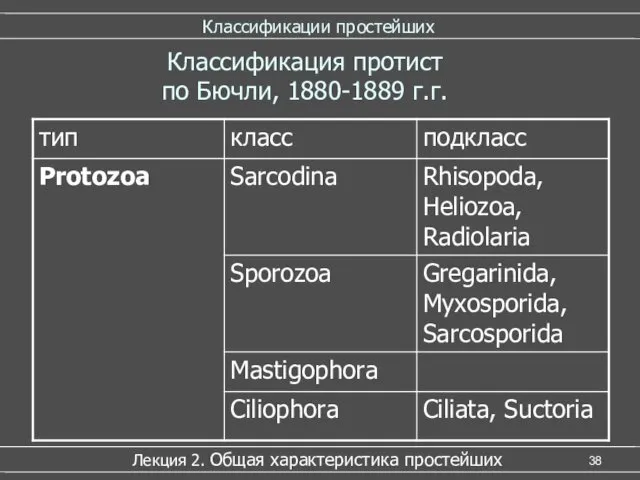 Классификации простейших Лекция 2. Общая характеристика простейших Классификация протист по Бючли, 1880-1889 г.г.