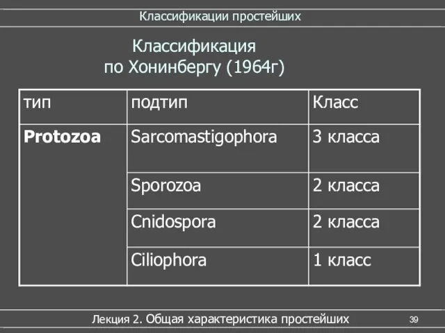 Классификации простейших Лекция 2. Общая характеристика простейших Классификация по Хонинбергу (1964г)