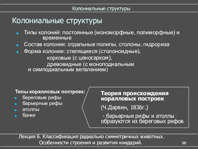 Колониальные структуры Колониальные структуры Типы колоний: постоянные (мономорфные, полиморфные) и