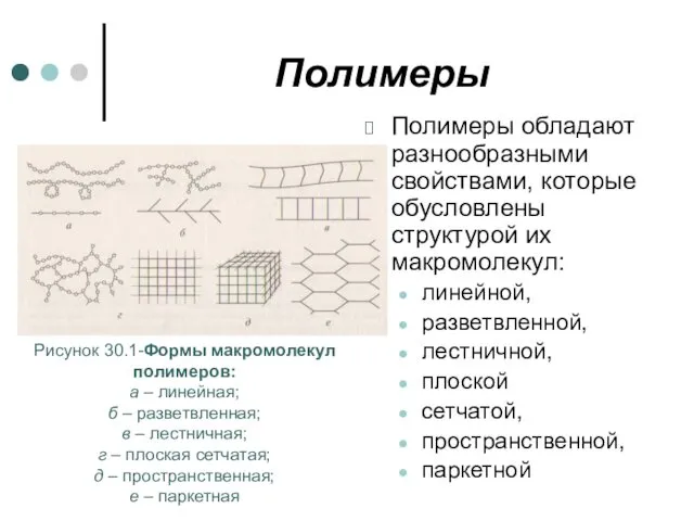 Полимеры Полимеры обладают разнообразными свойствами, которые обусловлены структурой их макромолекул: