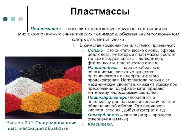 Пластмассы В качестве компонентов пластмасс применяют: Связка – это синтетические