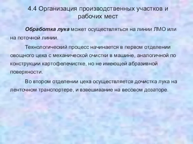 4.4 Организация производственных участков и рабочих мест Обработка лука может