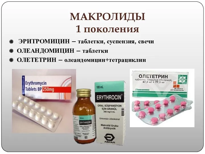 МАКРОЛИДЫ 1 поколения ЭРИТРОМИЦИН – таблетки, суспензия, свечи ОЛЕАНДОМИЦИН – таблетки ОЛЕТЕТРИН – олеандомицин+тетрациклин