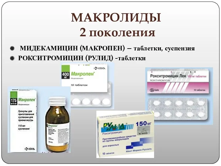 МАКРОЛИДЫ 2 поколения МИДЕКАМИЦИН (МАКРОПЕН) – таблетки, суспензия РОКСИТРОМИЦИН (РУЛИД) -таблетки